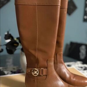 Michael Kors Cognac Leather Knee-High Riding Boots with MK Logo, Size 7